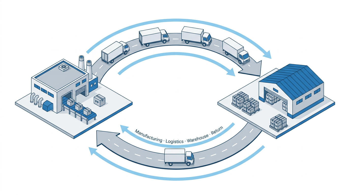 Medwol supply flow — manufacturing, outbound delivery, warehouse, return loop